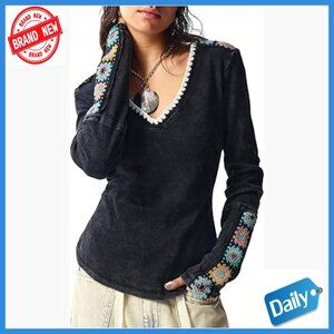 Long Sleeve V Neck Ribbed T-Shirt Floral Embroidery Boho Streetwear Top